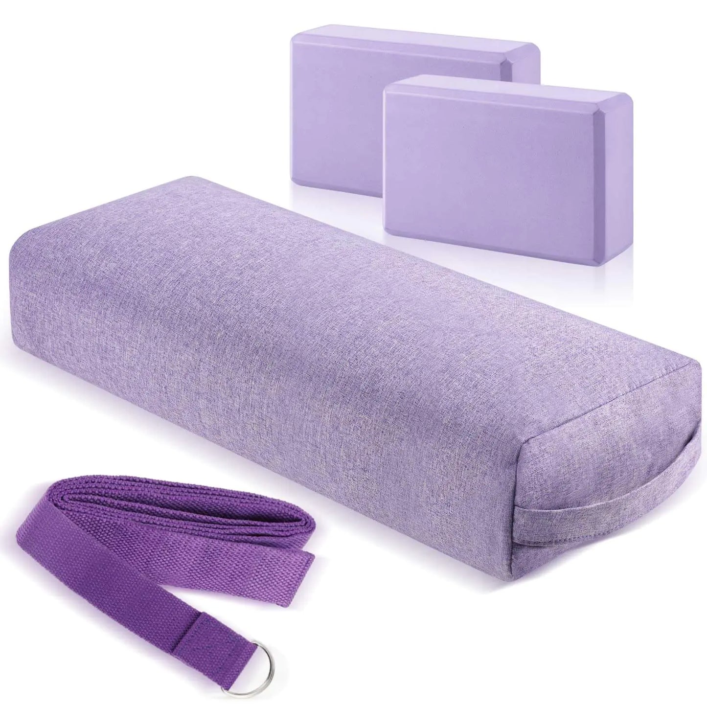 PullCrease 4 Pcs Yoga Bolster Pillows Yoga Blocks with Strap Set Comfortable Meditation Pillow for Restorative Yoga Non Slip Reusable Yoga Blocks for Balance Yoga Pilates(Purple)