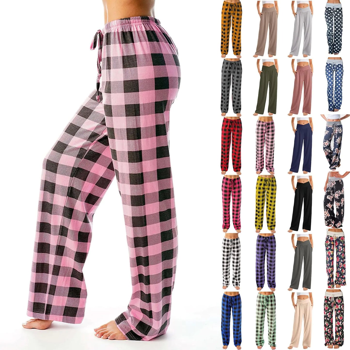 Womens Pajama SetsHigh Waisted Soft Yoga Pants for Womens Fashion 2025 Buffalo Plaid Wide Leg Pants Flowy Teen Girl Gifts Lounge Baggy Jogger Sweatpant Track Y2k Clothes(A Pink,Small)