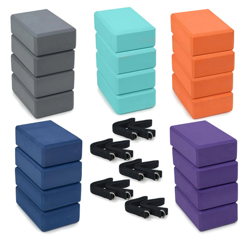 Upward Fit 30 Pack Yoga Kit 3" Yoga Blocks (20) and 6 Yoga Straps (10) Firm and Supportive 3" x 6" x 9" EVA Foam Yoga Brick Adjustable Leg Stretching Strap With Anti-Slip D-Ring Buckle Assorted