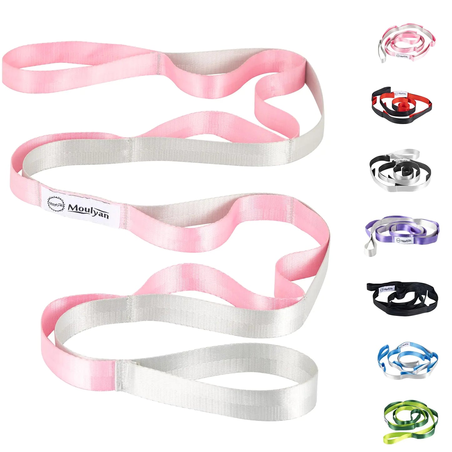 Stretching Strap Yoga Strap for Physical Therapy10 Loops Yoga Straps for StretchingNon-Elastic Stretch Strap for Pilates Flexibility Exercise Stretch Band Women Men (Pink&Silver)