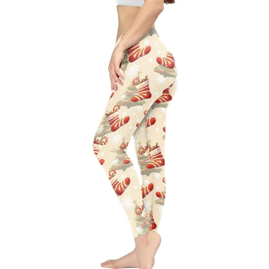 Irisjudy Christmas Stocking Womens Workout Leggings Cartoon Santa Socks Yoga Biker Running Leggings Snowflake Christmas Tree High Waisted Athletic Pants Soft Tights Gym Clothes