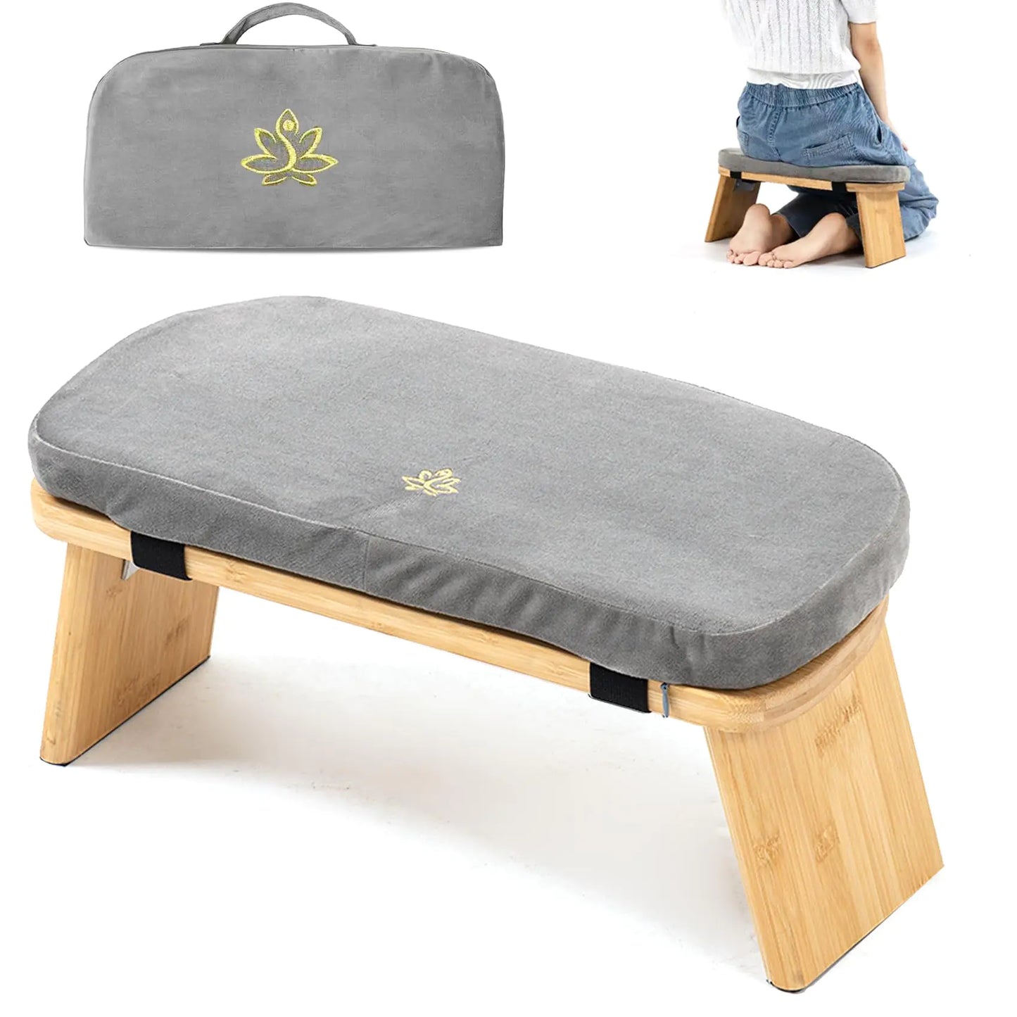 Estleys Meditation Bench Bamboo Meditation Stool Folding Kneeling Meditation Bench Seiza Prayer Bench Prayer Bench with Meditation Cushion Kneeling Stool (Grey & Bag)