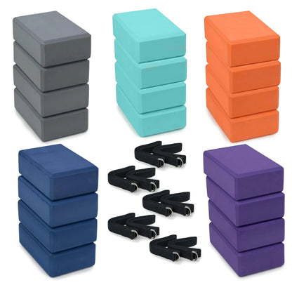 Upward Fit 30 Pack Yoga Kit 3" Yoga Blocks (20) and 6 Yoga Straps (10) Firm and Supportive 3" x 6" x 9" EVA Foam Yoga Brick Adjustable Leg Stretching Strap With Anti-Slip D-Ring Buckle Assorted