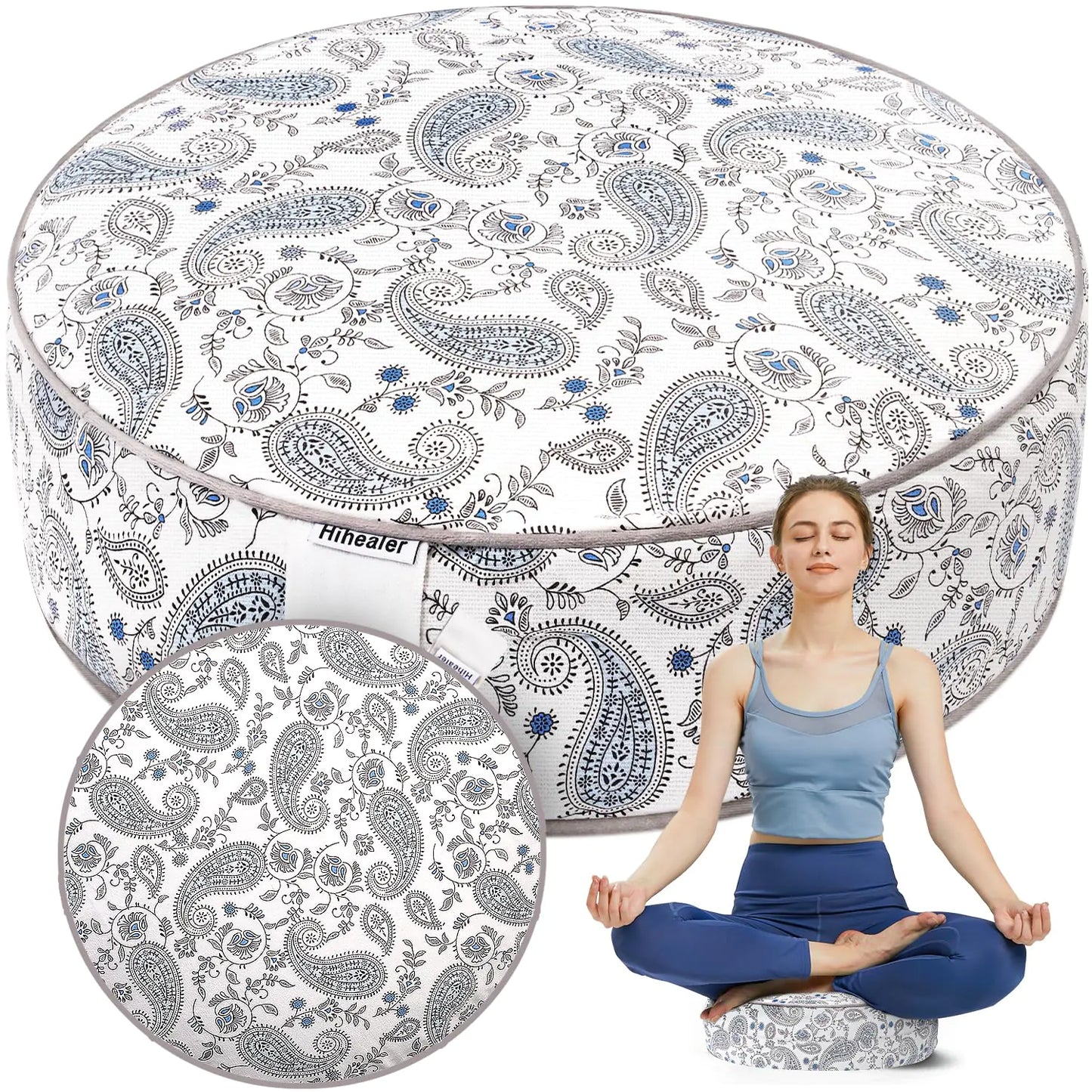 Hihealer Meditation Cushion - Large Cotton Zafu Floor Pillow for Adults and Women - Comfortable Yoga Pillow with Traditional Tibetan Buckwheat Filling for Meditation and Relaxation