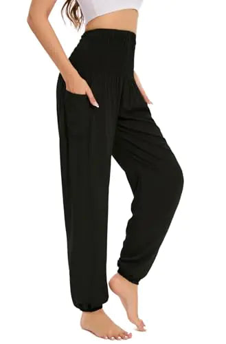 ZHANQISHENG Womens Boho Harem Pants with Pockets Smocked High Waist Hippie Flowy Trousers Comfy Bohemian Clothes for Yoga (L/XL B) Black