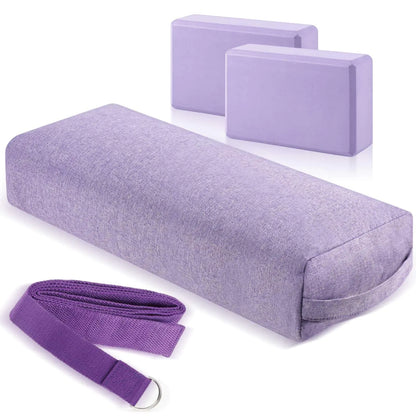 PullCrease 4 Pcs Yoga Bolster Pillows Yoga Blocks with Strap Set Comfortable Meditation Pillow for Restorative Yoga Non Slip Reusable Yoga Blocks for Balance Yoga Pilates(Purple)