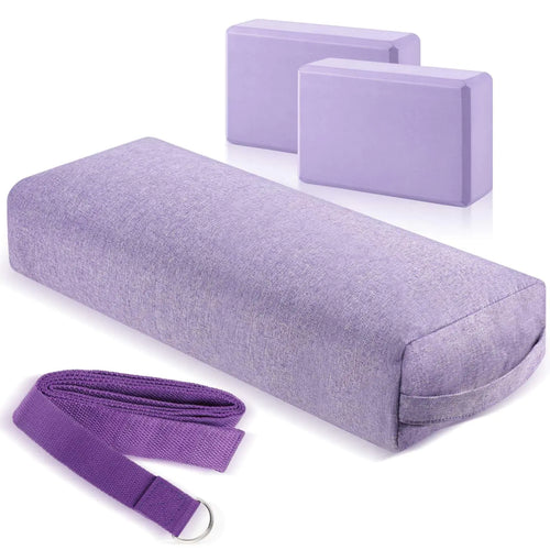 PullCrease 4 Pcs Yoga Bolster Pillows Yoga Blocks with Strap Set Comfortable Meditation Pillow for Restorative Yoga Non Slip Reusable Yoga Blocks for Balance Yoga Pilates(Purple)